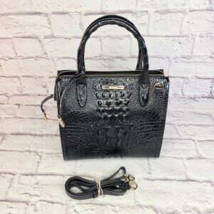 Brahmin Caroline Satchel Small Black Melbourne Crocodile Embossed Leather Gold H